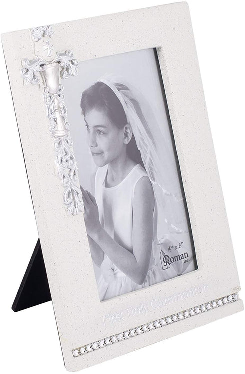 8" First Holy Communion White Frame with Silver Scroll Chalice Design - Holds 4x6 Photo